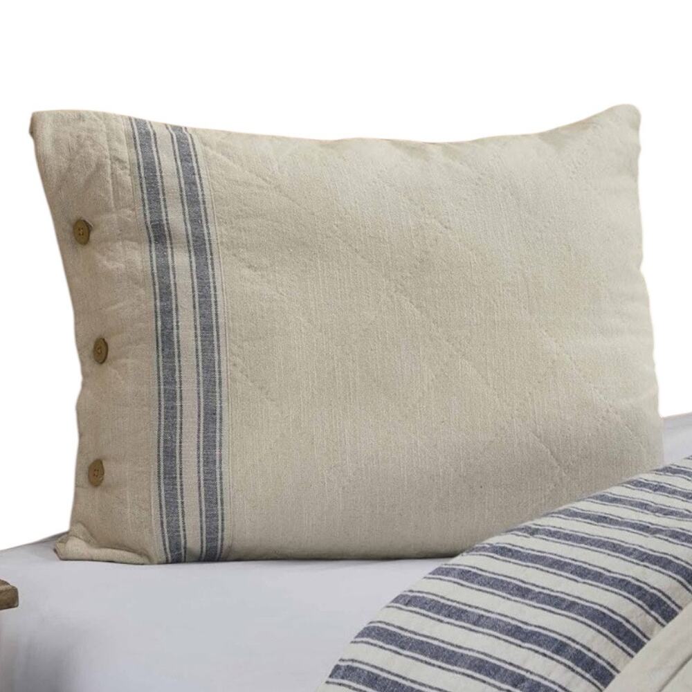 New in Packages Cotton Quilted Natural King Shams Blue Stripes Buttons